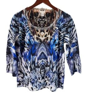 Chico's Abstract Print Embellished Neck 3/4 Sleeve Top Blouse Size 0